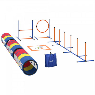 PawHut Dog Agility Training Equipment, 11-Piece Dog Obstacle Course with Adjustable Hurdle & Ring, 3 Tunnels, Weave Poles, Pause Box, Treat Bag, Bowl and Bag for Indoor Outdoor Use