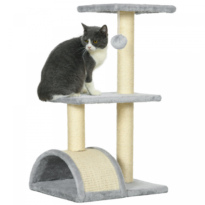 Pawhut Tour D'arbre A Chat Pour Chats D'interieur, Centre D'activites D'escalade De 72 Cm Avec Griffoir En Sisal, Coussin, Perchoir En Arc, Boule Suspendue, Jouet – Gris Clair