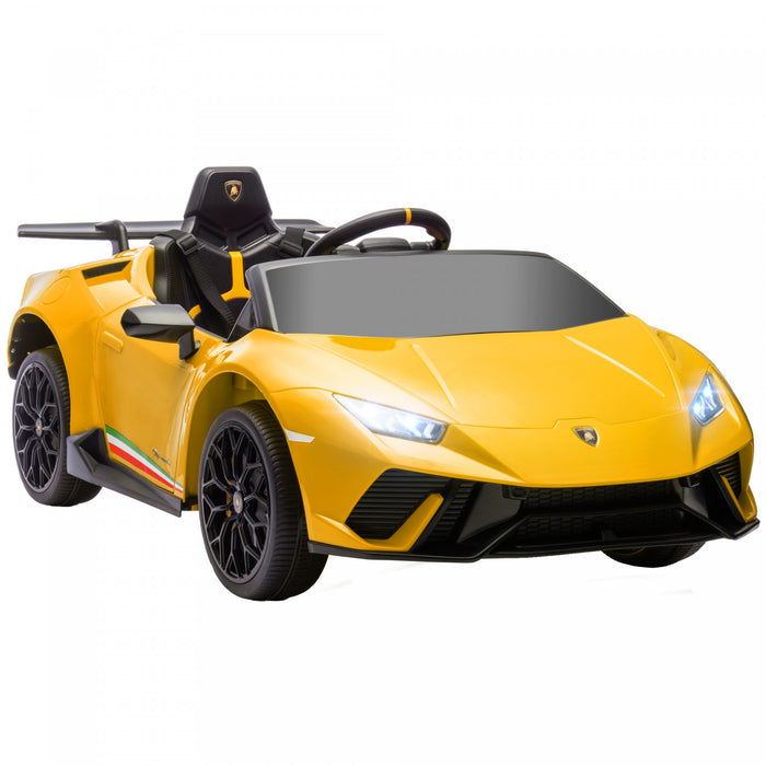 Qaba Voiture Electrique 12v Pour Enfants, Lamborghini Huracan Sous Licence, Voiture Pour Enfants Avec Telecommande, Suspension A Ressort, Lumiere Led Musique, Pour 3 A 6 Ans, Jaune