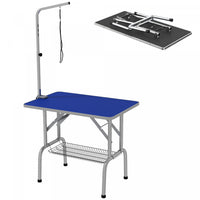 Pawhut Table De Toilettage Pliable En Acier Inoxydable Pour Chien Avec Bras Reglable Et Panier, Bleu