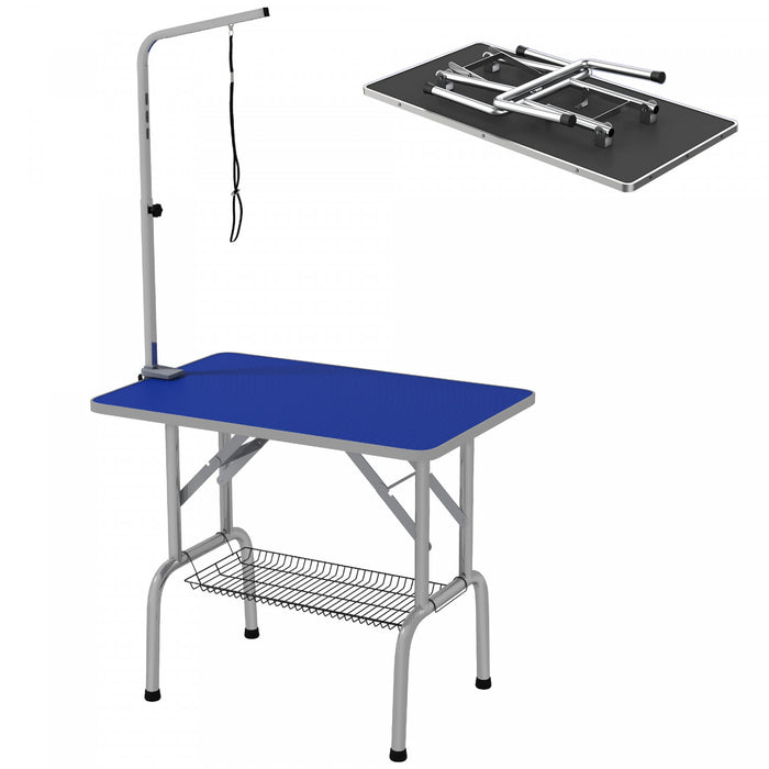 Pawhut Table De Toilettage Pliable En Acier Inoxydable Pour Chien Avec Bras Reglable Et Panier, Bleu