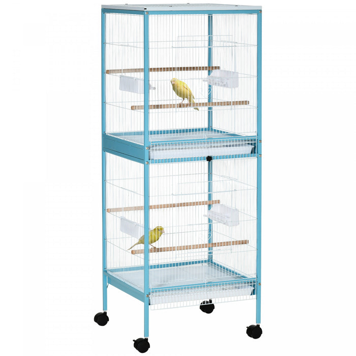 Pawhut 55 Pouces 2 En 1 Cage A Oiseaux Voliere Perruche Maison Pour Pinsons, Perruches Avec Roues, Plateaux Coulissants, Perchoir En Bois, Recipients Alimentaires, Bleu Clair