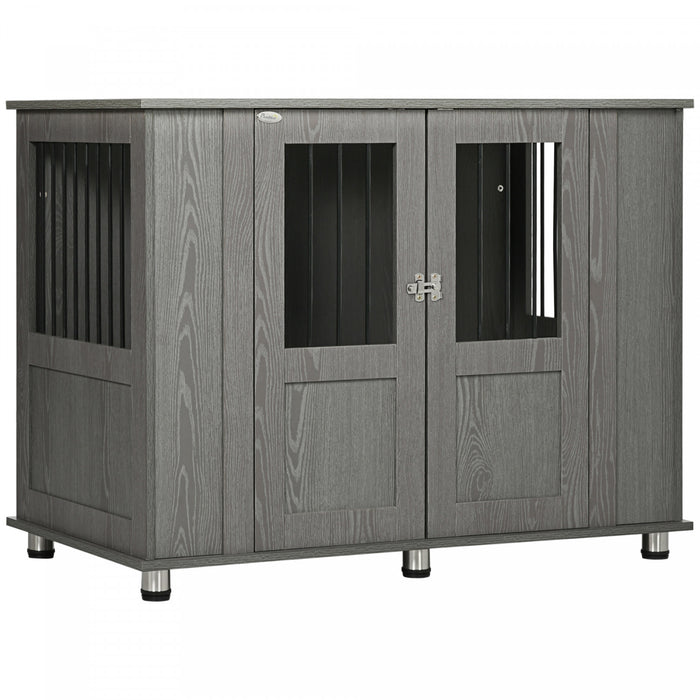 Pawhut Cage Pour Chien Avec Porte Magnetique Verrouillable, Pieds Reglables, Table D'appoint Pour Niche D'interieur Pour Chiens De Petite, Moyenne Et Grande Taille, Gris