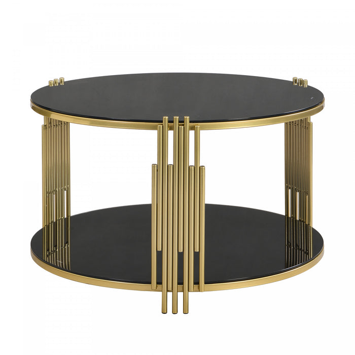 Table Basse Ronde Nancy De 31,5\" Avec Plateau Miroir Et Etagere Inferieure, Noire