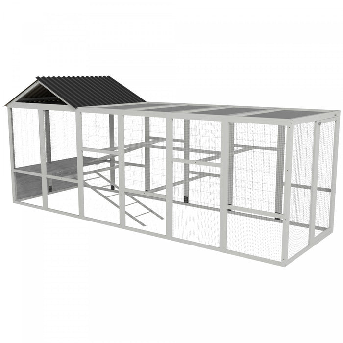Pawhut Poulailler D'exterieur En Bois Avec Enclos, Rampes, Perchoirs, Rangement, Poulailler D'arriere-cour Avec Design Combinable Pour 6 A 10 Poulets, 142\" X 48\" X 61\", Gris