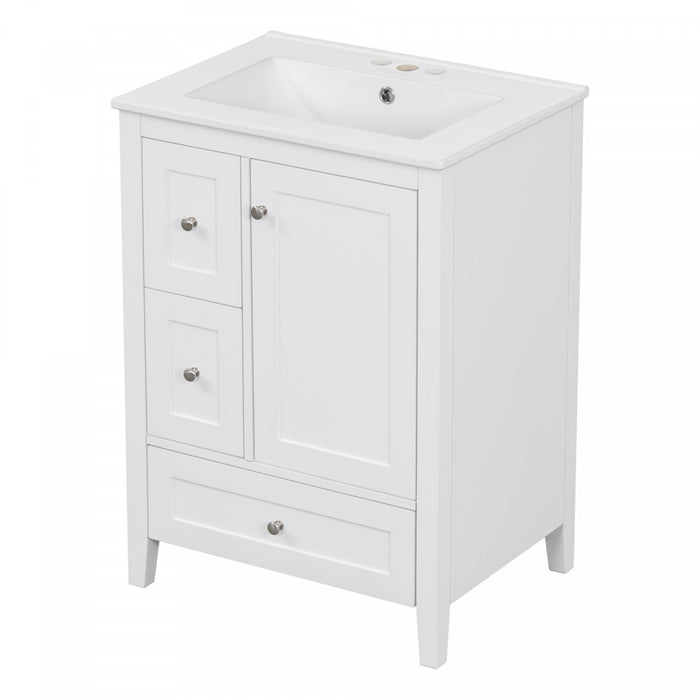 Mia Meuble-lavabo de 24\" avec vasque en ceramique et rangement a plusieurs tiroirs, Blanc