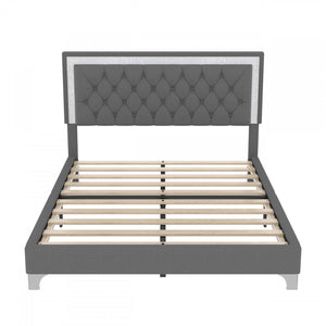 Cadre De Lit Sophia Tapisse Avec Eclairage Led Et Tete De Lit Capitonnee En Velours, Taille Queen, Gris