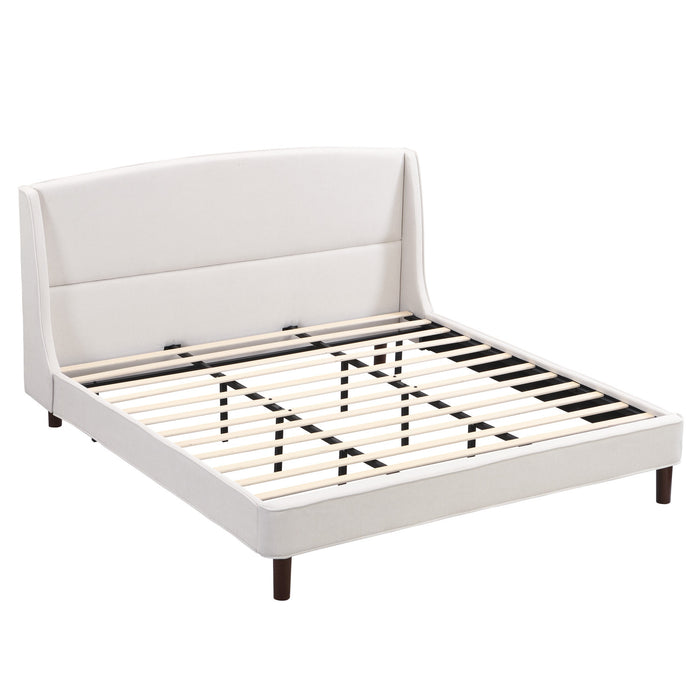 Lit Ellison a Plateforme Rembourre en Tissu avec Tete de Lit Ailes et Lattes en Bois, Taille King - Beige