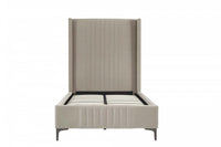 Lit jumeau Promenade de style mi-siecle moderne en velours capitonne, finition taupe rustique