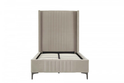 Promenade Mid-Century Modern Upholstered Velvet Twin Bed in Rustic Taupe | Lit jumeau Promenade de style mi-siecle moderne en velours capitonne, finition taupe rustique