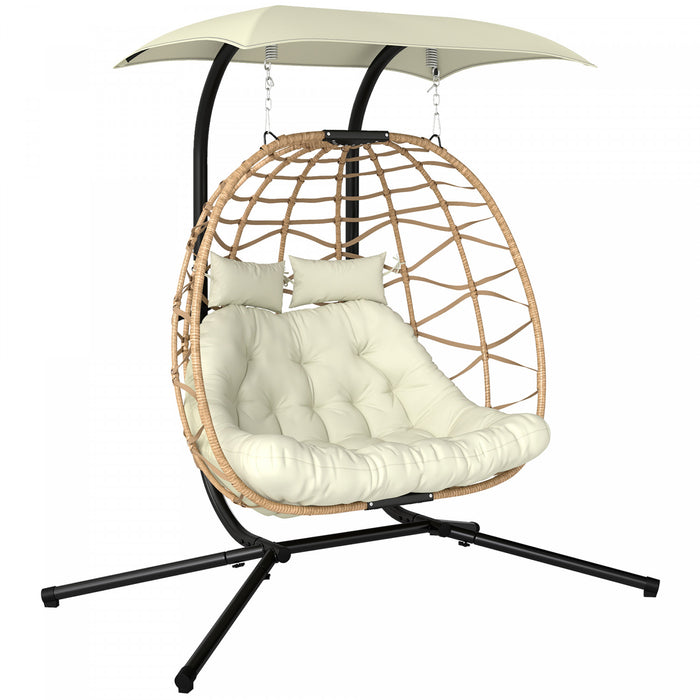Outsunny Chaise Suspendue Double Œuf avec Auvent, Chaise Balancelle Pliable, Beige