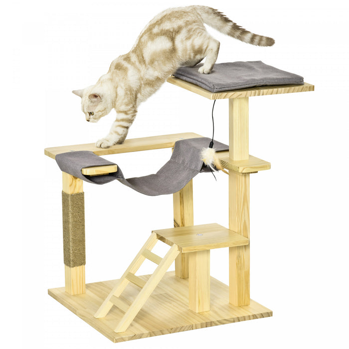Pawhut Arbre A Chat Centre D'activites Multi-equipe Griffoirs En Jute Plate-formes Echelle Hamac Coussin Inlus Interieur Exterieur Bois De Pin Dim. 19\"l X 19\"l X 30.75\"h Bois Naturel Gris