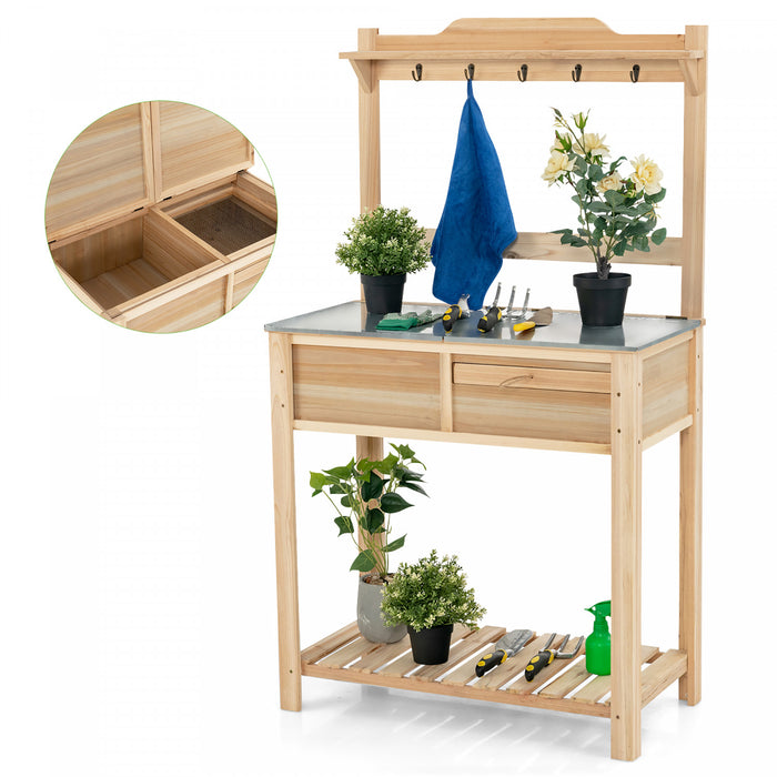Station De Travail En Bois De Table En Bois De Jardin En Plein Air Costway W/metal Top Open Shelf
