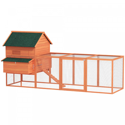 PawHut 137"L Chicken Coop, Wooden Large Hen House with Chicken Run, Nesting Box, Poultry Cage for Outdoor, Backyard, Orange