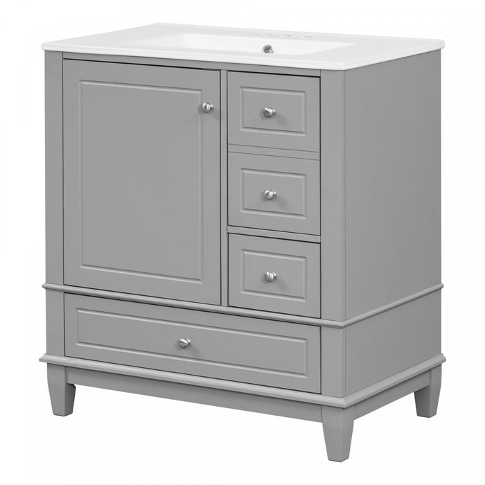 Emma Meuble-lavabo en bois massif de 30\" avec vasque en ceramique et porte a fermeture douce, Gris