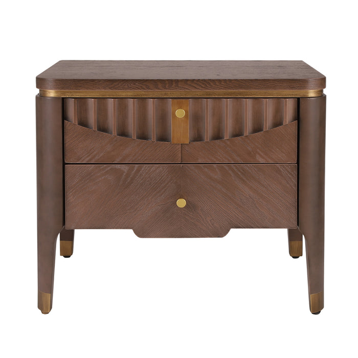 La table de nuit moderne Liam avec design en vague et 2 tiroirs de rangement, couleur marron