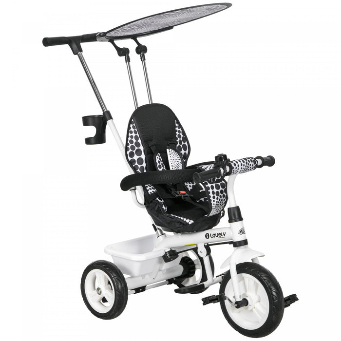 Qaba Tricycle Pour Enfants, Poussette 4 En 1 Avec Guidon Amovible, Barriere De Securite Et Harnais 5 Points, Auvent, Panier De Rangement, Pour Tout-petits De 12 A 60 Mois, Blanc