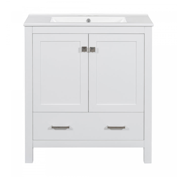 Erica Meuble-lavabo De Salle De Bain 30\" En Bois Massif Avec Lavabo Simple En Ceramique, Portes A Fermeture Douce Et Rangement Multifonctionnel - Blanc