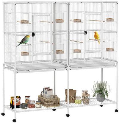 PawHut 64" Extra Large Bird Cage, Rolling Metal Parrot Cage, Bird House with Detachable Rolling Stand. Storage Shelf, Wood Perch, Food Container, 62.8" x 18.9" x 64.2", White
