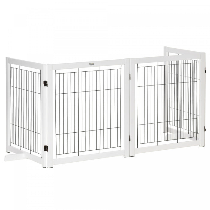 Pawhut Barriere De Securite Pour Animaux Barriere Modulable Pliable 4 Panneaux En Bois De Pin Massif 2 Pieds Support 120\" X 14\" X 32.25\" Blanc Et Noir