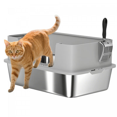 PawHut Stainless Steel Cat Litter Box, XL High Sided Cat Litter Box with Scoop, Anti Leakage & Easy to Clean, Pet Toilet for Big Kittens, 24" x 16" x 12", Grey