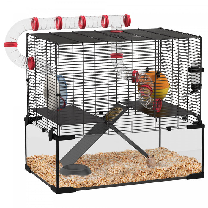 Pawhut Cage Pour Hamster, Maison Pour Petits Animaux Avec Fond En Verre Profond, Systeme De Tunnel, Rampes, Plates-formes, Cabane, Roue D'exercice, Bouteille D'eau, 24\" X 16\" X 22\"