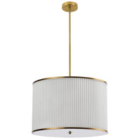 Luminaire suspendu Prudy de Dainolite avec abat-jour plissé blanc, fini laiton vieilli et 4 ampoules