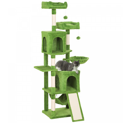 PawHut Cat Tree, 70" Multi-Level Cat Tower for Indoor with 2 Condos, 2 Plush Top Perches, Hammock, Platforms, Toy Balls, Sisal Scratching Posts and Board, Green