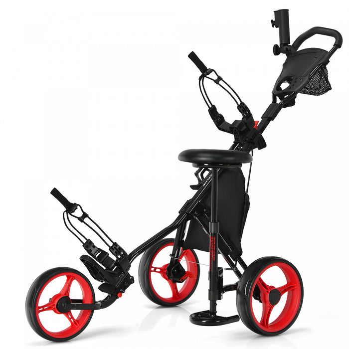 Chariot De Golf A 3 Roues, Chariot Leger Avec 4 Hauteurs Reglables, Chariot De Golf Pliable Avec Porte-parapluie Reglable Et Siege Hydraulique, Sac De Rangement, Porte-boisson, Frein A Pied