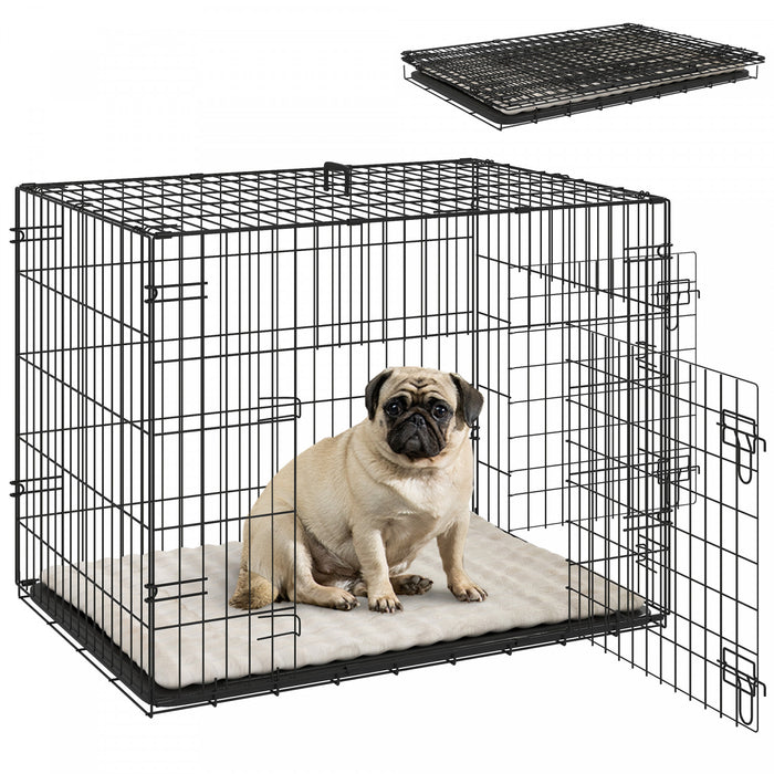 Cage Pour Chien Pawhut, Niche Pliable En Metal De 76 Cm Avec 2 Portes, Plateau Amovible, Coussin Moelleux, Poignee, Cage Pour Petits Chiens, Noir