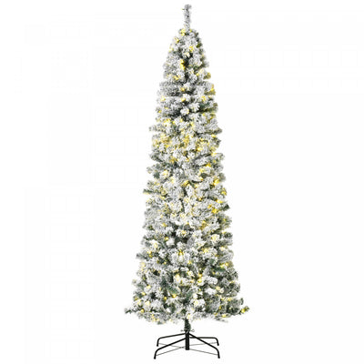 Homcom 7.5ft Prelit Artificial Snow Flocked Pencil Christmas Tree|Homcom Arbre De Noel En Forme De Crayon Floque De Neige Artificielle Pre-eclaire De 7.5 Pieds Avec 350 Lumieres Led Blanc Chaud Et 641 Pointes De Branche