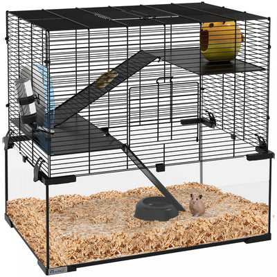 Pawhut Hamster Cage, Gerbil Cage With Glass Basin, Ramps, Platforms, Hut, Exercise Wheel, For Syrian|Pawhut Cage A Hamster 23.6" L X 15.7" L, Cage A Gerbilles Avec Bassin En Verre, Rampes, Plates-forme
