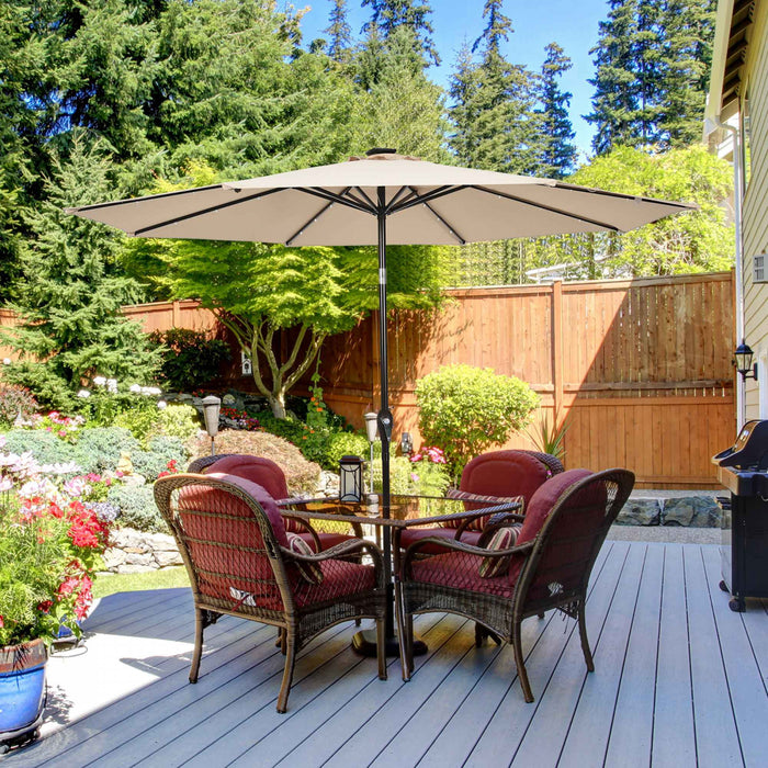 Costway Parasol de marche solaire LED de 10 pieds avec reglage d'inclinaison et manivelle, beige