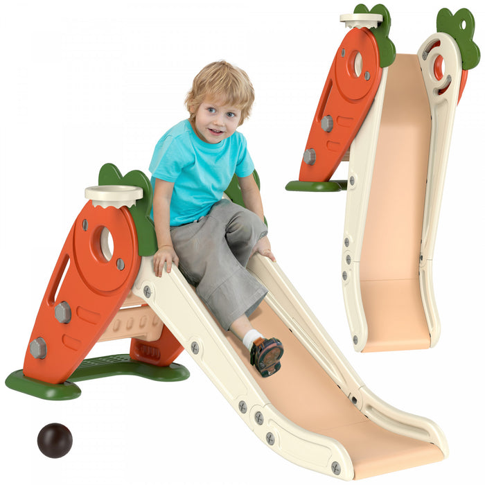 Qaba Toboggan Pour Tout-petits, Toboggan 3 En 1 Pour Enfants Avec Panier De Basket-ball, Grimpeur, Toboggan Interieur Pliable Sur Le Theme Du Radis Pour 1 A 3 Ans, Orange