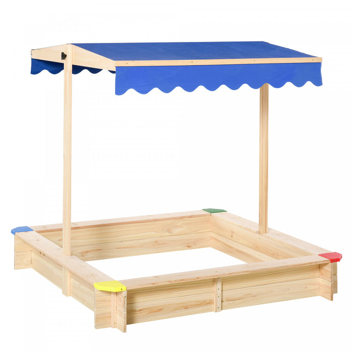 Bac A Sable En Bois Avec Auvent Reglable, Ensemble De Jeu D'exterieur Pour Enfants Resistant Aux Intemperies 47\" L X 47\" L X 47\" H, Naturel Et Bleu