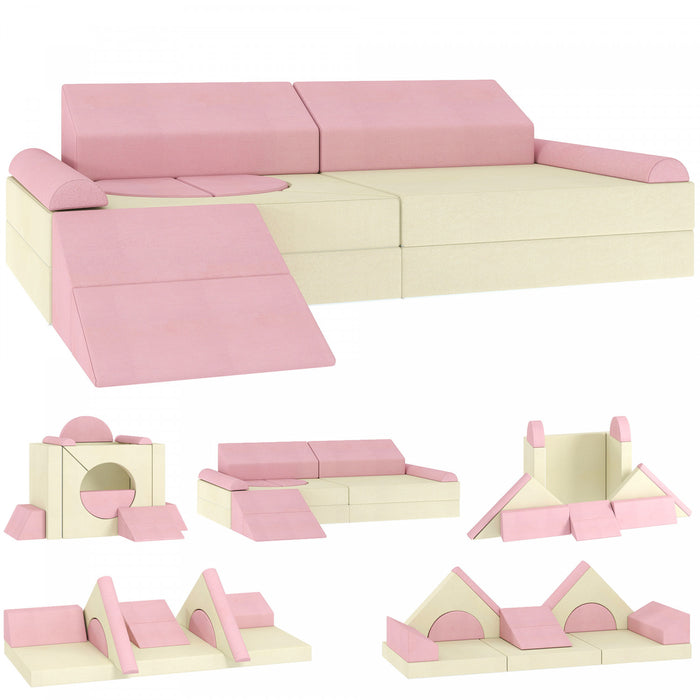 Qaba Canape de Jeu Modulaire 12 Pieces pour Enfants, Sofa Sectionnel, Rose