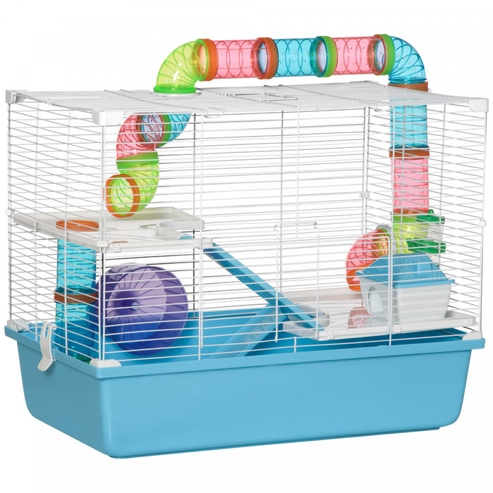 Pawhut Grande Cage Pour Hamster A 3 Niveaux Avec Tubes Et Tunnels, Poignees De Transport Portables, Avec Une Roue D'exercice, Une Bouteille D'eau, Un Plat A Nourriture, 23\" X 14\" X 18.5\", Bleu Clair