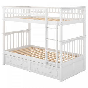 Lit Superpose Convertible Elvis En Bois Massif, Taille Simple, Avec Tiroirs, Blanc