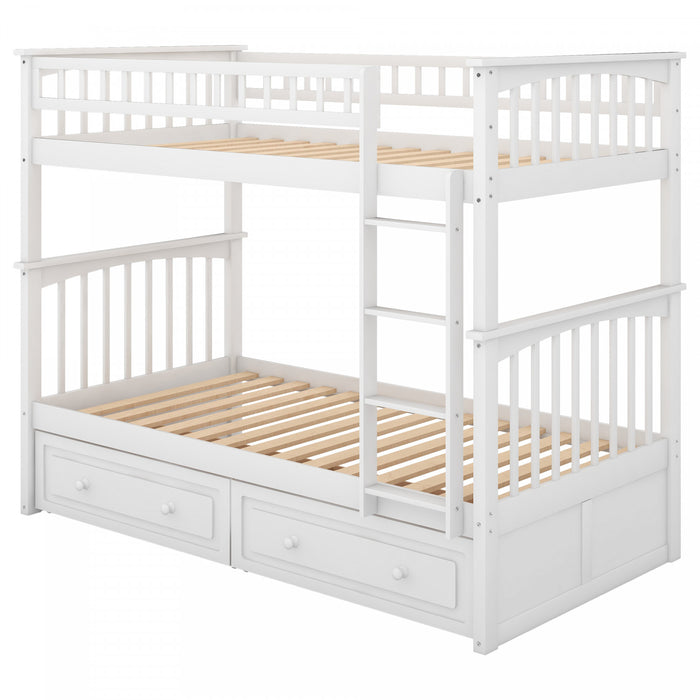 Lit Superpose Convertible Elvis En Bois Massif, Taille Simple, Avec Tiroirs, Blanc