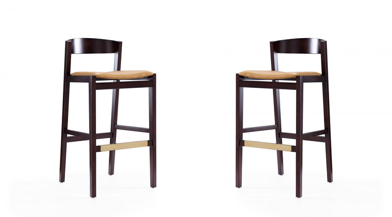 Tabouret de bar en bois rembourre style Klismos mi-siecle moderne, coloris camel - Lot de 2