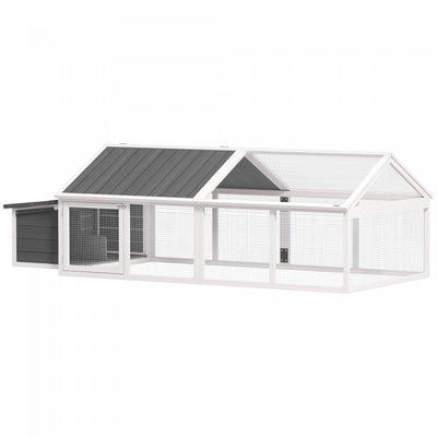 Pawhut 95"L Large Chicken Run, Wooden Chicken Coop with Nesting Box, Lift-up Top, Side Door and Wooden Roof, Poultry Cage for Outdoor, for 4 to 8 Chickens, Rabbits, Ducks, White