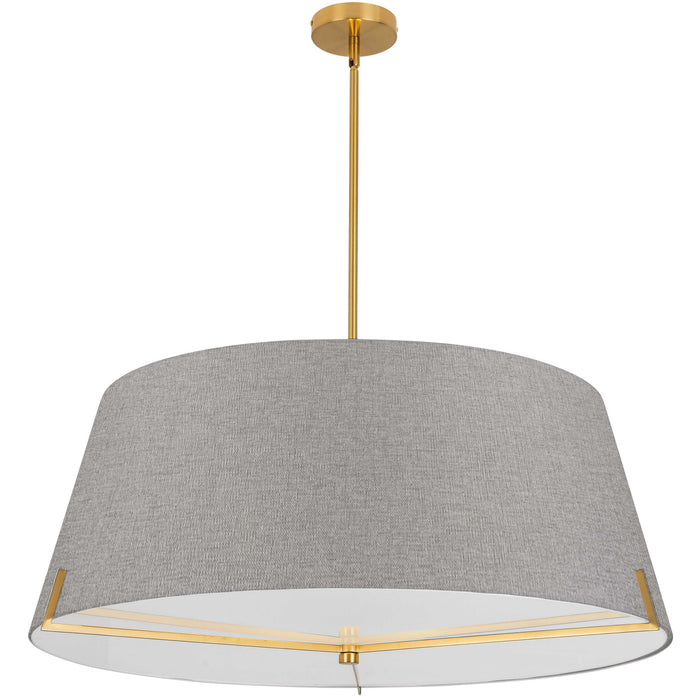 Luminaire suspendu Preston de Dainolite de 33 po de diamètre avec abat-jour en tissu gris, fini laiton vieilli et 4 ampoules