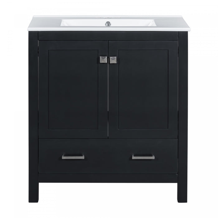 Erica Meuble-lavabo De Salle De Bain 30\" En Bois Massif Avec Lavabo Simple En Ceramique, Portes A Fermeture Douce Et Rangement Multifonctionnel - Noir