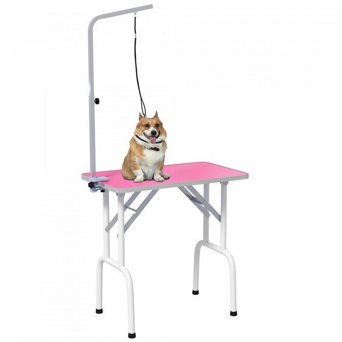 Pawhut Table De Toilettage Pour Petits Chiens, Table De Toilettage Pliable Pour Chiens Et Chats Avec Bras Reglable, Surface Antiderapante, Rose