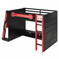 Olivia Lit mezzanine en bois avec bureau et etageres de rangement multiples, Lumiere RGB, Rouge