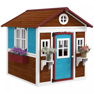 Outsunny Kids Outdoor Playhouse, Wooden Toddlers Large Pretend Play Equipment or Chicken Coop with Door, Windows, Planter Pots for Indoor Playroom, Gift Toys for 3-8 Years, Brown