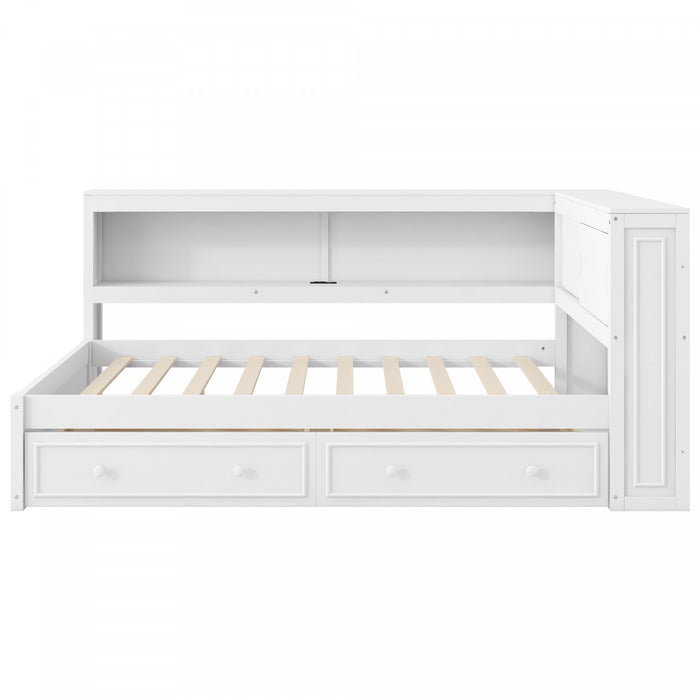 Lit de jour Arthur en bois format Full avec LED, port USB et 2 tiroirs de rangement, blanc