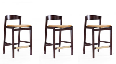 Klismos Mid-Century Modern Wood Upholstered Counter Stool in Camel - Set of 3 | Tabouret de comptoir en bois rembourre style Klismos mi-siecle moderne couleur camel - Lot de 3