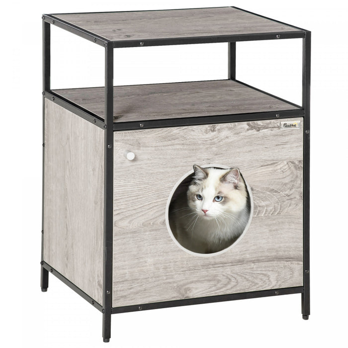 Pawhut Maison Pour Chat Niche A Chat Polyvalent Design Contemporain Avec Etagere Coussin Epais Structure En Panneau Pb Et Acier 19\" X 15.75\" X 25.75\" Gris Et Noir