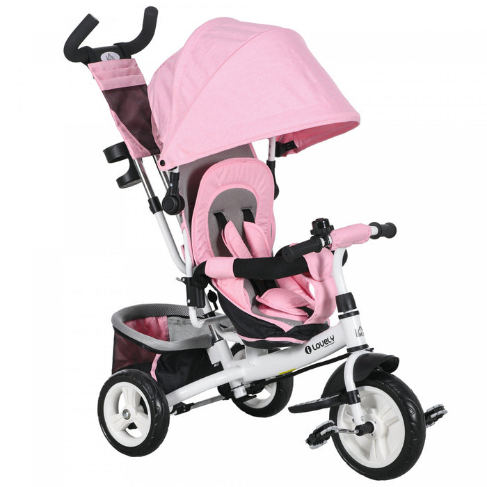 Qaba Tricycle 4 En 1 Pour Tout-petits, Tricycle Pour Enfants Avec Auvent Pliable, Poignee Et Housse Amovibles, Panier De Rangement, Ceinture De Securite A 5 Points, Pour Enfant De 1 A 5 Ans, Rose